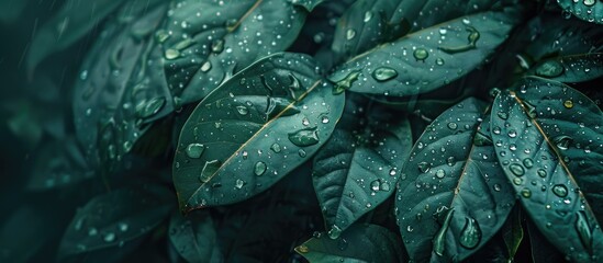 Poster - Leaves adorned with water droplets post rain creating a picturesque scene with copy space image