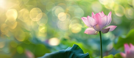 Poster - A blooming pink lotus flower set against a blurred green backdrop is showcased in this captivating copy space image