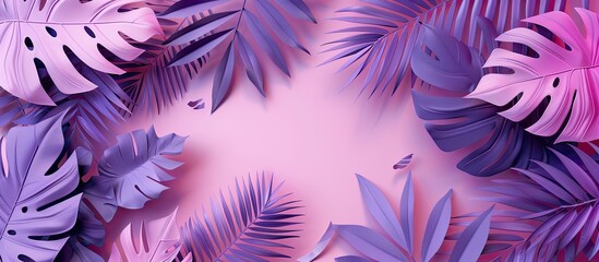 Poster - A vibrant pink background adorned with paper cutouts of tropical leaves creates an artistic composition with ample copy space image