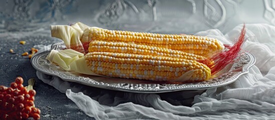 Wall Mural - Fresh baby corn with red silk still in the husk presented on a sieve plate on a gray table background creating a copy space image