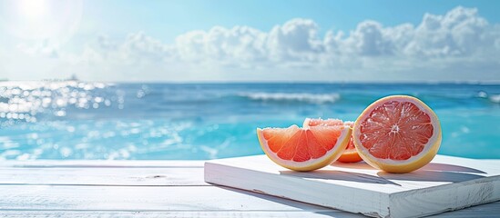 Leinwandbilder - Fresh grapefruits halved on a white wooden board against an exotic sea backdrop offering copy space for food drinks and products in sunny summer