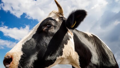 Wall Mural - a large black and white cow against the background of the sky and clouds close up