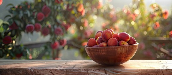Aufkleber - Outdoors on a wooden table a wooden bowl displays ripe nectarines against a backdrop of a terrace flower tree and ample copy space image