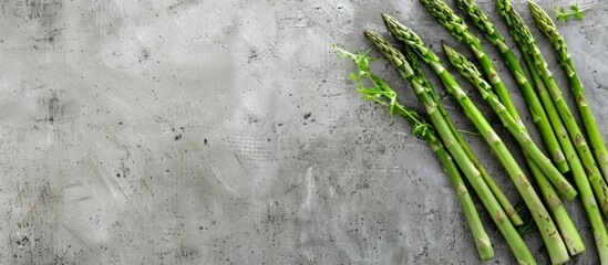 Wall Mural - Top view of fresh asparagus displayed on a concrete background with a copyspace image