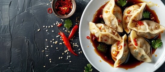 Sticker - Asian dumplings garnished with soy sauce chili peppers and herbs set against a backdrop of a blank copy space image