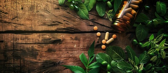 Aufkleber - Top view of a bottle with pills and green leaves on a wooden background creating a visually pleasing copy space image