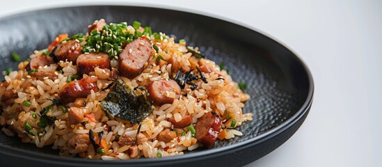 Poster - Indonesian sausage fried rice on a black plate with seaweed on a white background for a copy space image