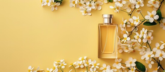 Poster - Top view of a perfume bottle and white flowers on a yellow background with copy space image for perfumery cosmetics and fragrance collections