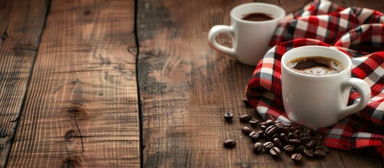 Poster - Coffee cups beans and red plaid fabric on a wooden surface with copy space image