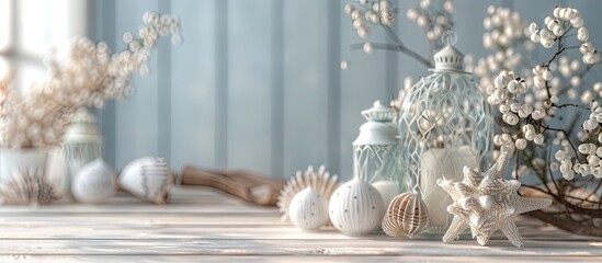 Poster - Table adorned with marine themed decorations set against a light wooden backdrop featuring a copy space image
