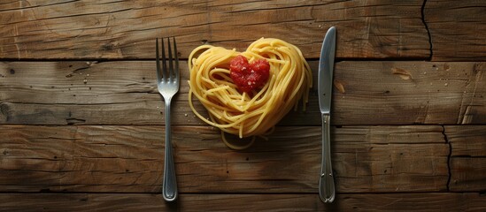 Poster - Wooden table with a heart shaped arrangement of delicious spaghetti and a fork placed neatly leaving room for copy space image