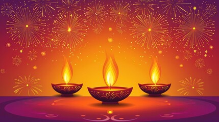 Sticker - Three lit diyas with fireworks