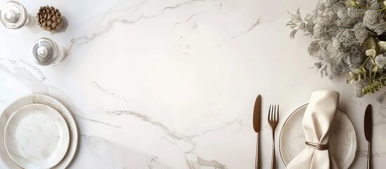 Aufkleber - Top view of a white marble table with an empty menu cutlery plate napkin and dry spikes ideal as a mockup for design in a copy space image