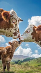 Poster - Three cows are standing in a field, with a baby cow between two adult cows