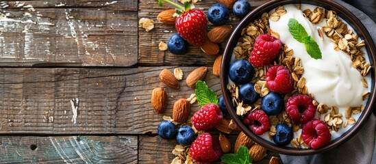 Wall Mural - Top view of a delicious bowl with granola berries almonds and yogurt on a wooden table leaving room for a text overlay on the copy space image