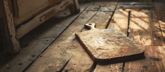 Poster - A battered cutting board rests on the floor in front of a rustic table with a copy space image