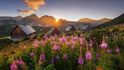 Poster - scenic sunrise in hala gasienicowa with flowers and mountain cottages