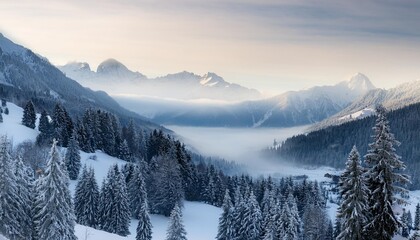 Poster - panorama of the foggy winter landscape in the mountains