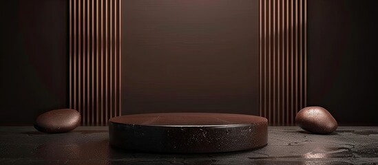 Aufkleber - Brown natural stones arranged on a dark backdrop create a striking podium with copy space image