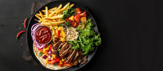 Poster - Top down view of doner kebab or gyros served on a plate with fries veggies and salad on a black backdrop with ample copy space image