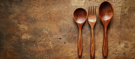 Wall Mural - Wooden spoon and fork set displayed on a textured brown surface providing space for adding an image viewed from the top. Creative banner. Copyspace image