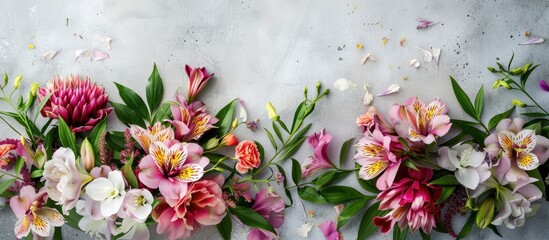 Poster - A stunning floral arrangement featuring alstroemeria and peonies on a concrete backdrop The vivid petals and lush leaves form an elegant display with copy space in a top view banner