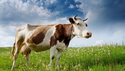 Wall Mural - cow on the background of sky and green grass