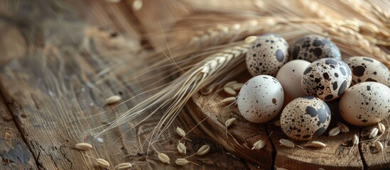 Poster - Wooden background with a board displaying fresh quail eggs feathers and wheat allowing for copy space image