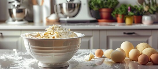 Poster - Preparing dough in stand mixer bowl on white tabletop with a copy space image available