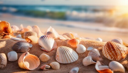 Poster - seashells on the beach hd 8k wallpaper stock photographic image