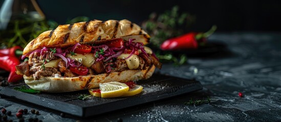 Poster - Turkish street food sandwich with cheese and meat served on a black griddle with a side of lemon creating a delicious visual with copy space image