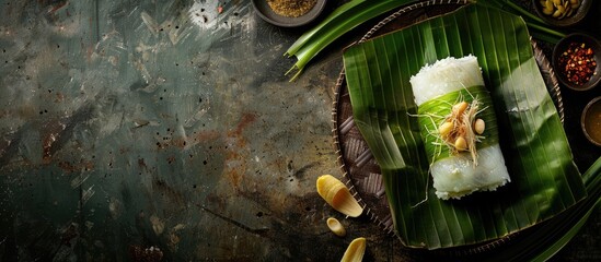 Poster - Indonesian traditional food Lontong is Indonesian rice cake wrapped in a banana leaf creating a visually appealing dish with copy space image