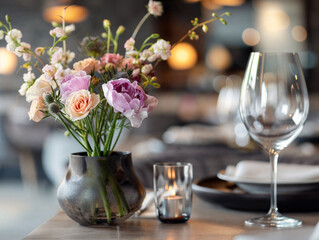 A vase full of colorful flowers sits on a table next to a wine glass