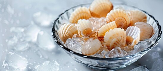 Poster - Fresh scallops on ice isolated on a white background for text with copy space image