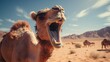 © hamad - camels standing in the sand desert sahara, funny camel open mouth laughing.