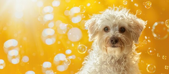 Poster - Maltese dog with soap bubbles on a yellow backdrop perfect for a copy space image