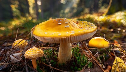 amidst the vibrant hues of autumn bright yellow mushrooms with distinctive white spots dot the forest floor