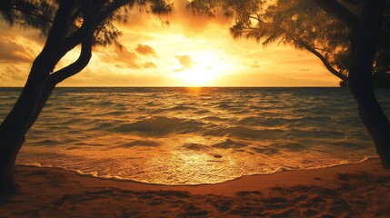 Wall Mural - Golden sunset over calm ocean waves with sandy beach and palm trees silhouettes.