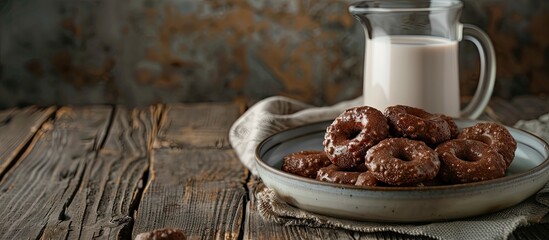 Aufkleber - Chocolate and corn cereal rings on a plate with milk set against a wooden rustic backdrop offering a blank space for images. Creative banner. Copyspace image