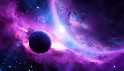 Canvas Print - ethereal cosmic scene with purple nebula and planet in deep space perfect for sci fi and fantasy art dreamy celestial background