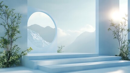 Minimalist Blue Platform with Mountain View and Plants