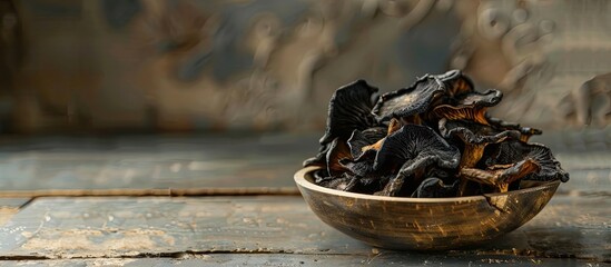 Aufkleber - Dried black fungus mushrooms are a delicious snack placed on a table with a food background perfect for a copy space image