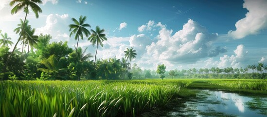 Poster - Scenic view of a lush paddy field with coconut trees in the background set against a vibrant sky with white clouds ideal for a copy space image