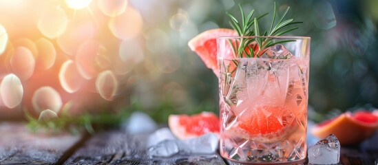 Wall Mural - Crystal glass filled with a summer cocktail made of grapefruit rosemary and ice Ample copy space image available