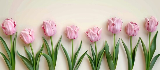 Poster - Top view of a beautiful bunch of pastel pink tulips creating a floral border against a light background ideal for springtime occasions like Mother s Day with copy space image