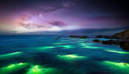 Wall Mural - a beautiful bioluminescent ocean with glowing plankton under a stunning sky generative ai