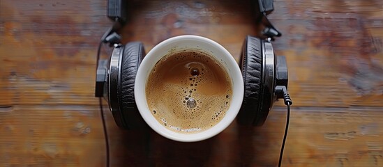 Poster - An overhead view capturing a coffee cup and headphones with space for text or images. Creative banner. Copyspace image