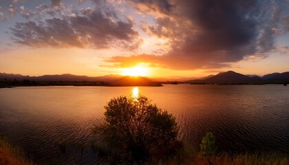 Poster - sunset over the lake amazing panorama landscape