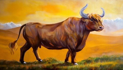 Canvas Print - horizontal oil painting of a bull generative ai