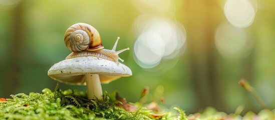 Poster - A small snail on a white mushroom against a green backdrop with copy space image